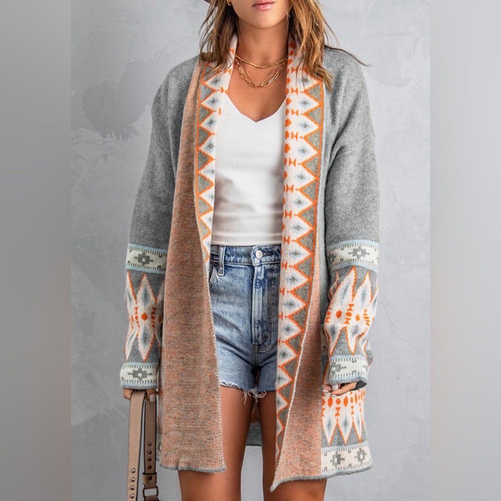 Gray Aztek Print Open Front Knitted Cardigan - image 3